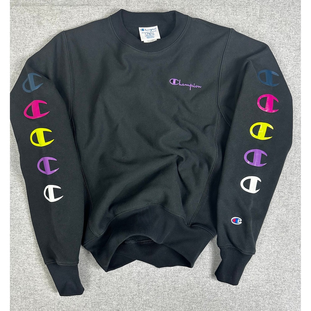 Champion Reverse Weave Sweatshirt Mens XS Black Excellent Multi Logo GF569 003